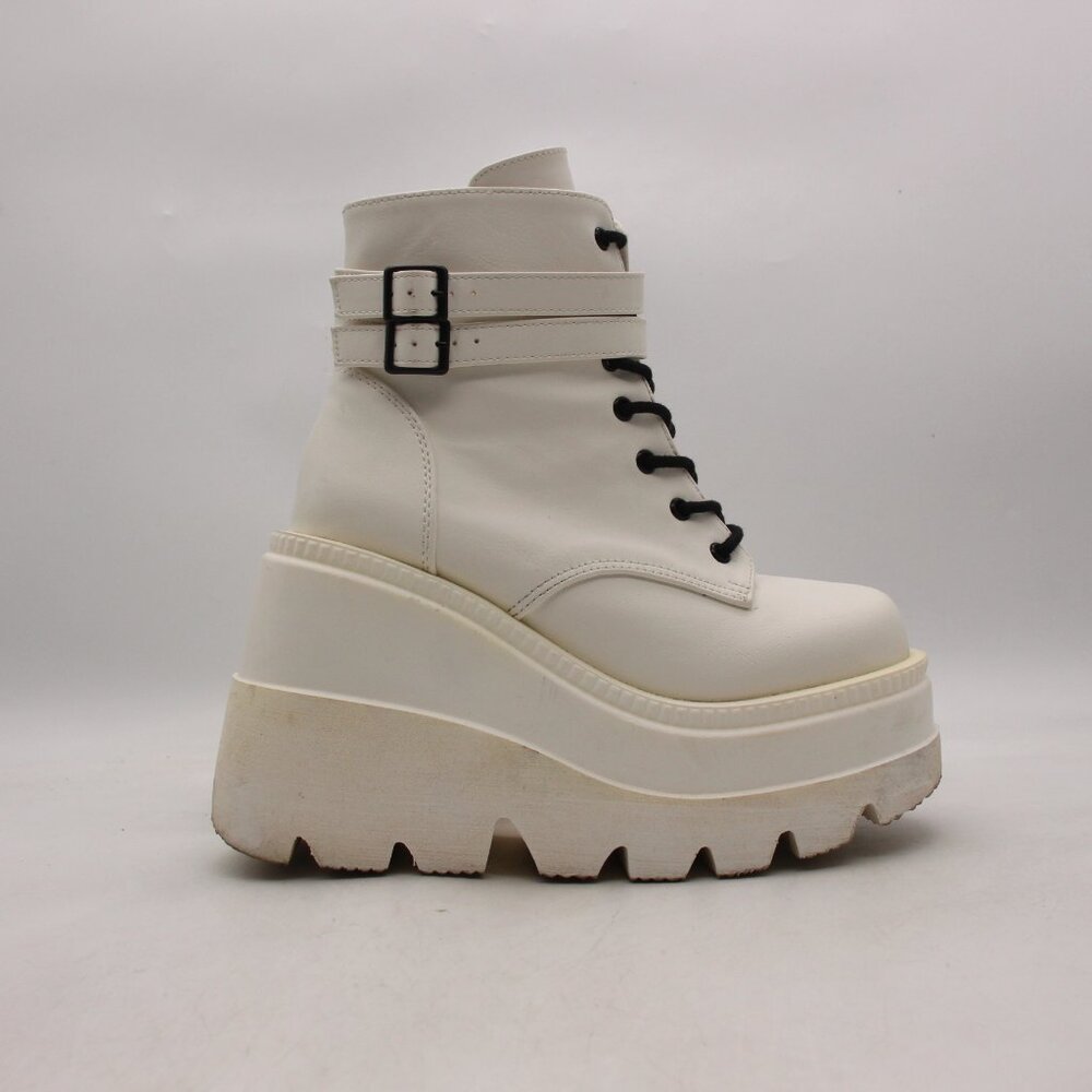 Demonia White Platform Ankle Boots with Black Laces & Buckles